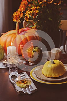 Autumn traditional table setting for Thanksgiving or Halloween