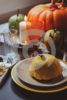 Autumn traditional table setting for Thanksgiving or Halloween