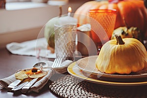Autumn traditional table setting for Thanksgiving or Halloween
