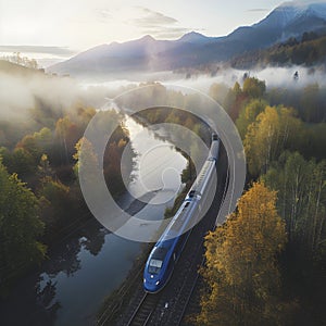 Autumn train journey through misty mountains