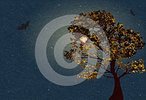 Autumn tree on background lunar night and starry sky with bats. Vector illustration of happy Halloween.
