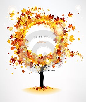 Autumn tree with beautiful flying leaves