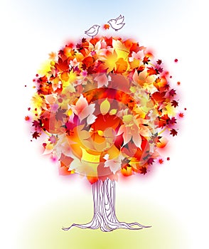 Autumn tree and birds - vector