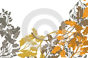 Autumn tree leaves in fall gold grey brown layered color in corner of page, for 3D decorative border edge background