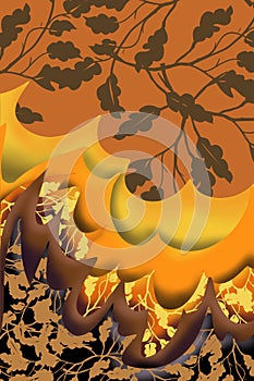 Autumn tree leaves and layered color flames in corner of page, for 3D decorative border edge background