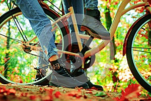 Autumn tree leaves and vinrage bike. Enjoying good autumn weather. Fall concept. Riding the bicycle in the park. Active