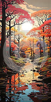 Autumn tree line with sunset ancient trees fallen leaves Generative AI