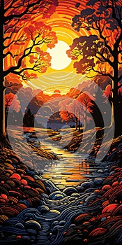 Autumn tree line with sunset ancient trees fallen leaves Generative AI