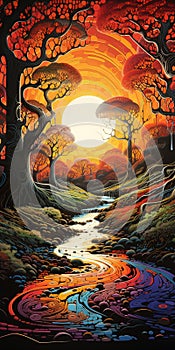 Autumn tree line with sunset ancient trees fallen leaves Generative AI