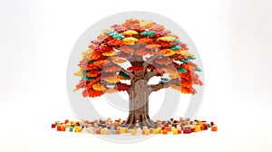 Autumn tree made of plastic construction blocks on white. Toy trees made of childrens blocks on a white background