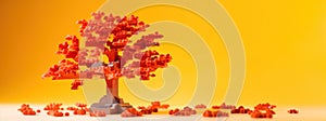 Autumn tree made of plastic construction blocks on yellow web banner. Toy trees made of childrens blocks on a yellow background