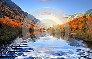 Autumn tree reflections during autumn time under sunset photo