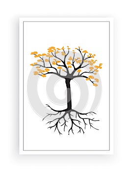 Autumn tree silhouette with his roots. Tree illustration with yellow leaves isolated on white background