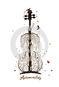 Autumn tree silhouette looks like violin growing on soil and birds flying away, Autumn melody concept, Autumn music idea