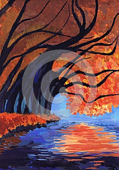 Autumn trees bent over the water. Child`s drawing