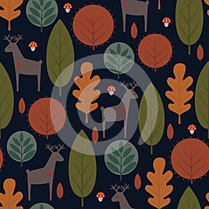 Autumn trees and deer seamless pattern on dark background.