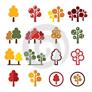 Autumn trees, forest, park vector icons set - nature design collection in yellow, orange, brown and red o