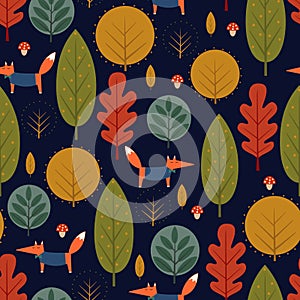 Autumn trees and fox seamless pattern on dark blue background.
