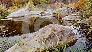 Autumn trees and large stone boulders around. A water cascade in autumn creek with fallen leaves. Water flows around the