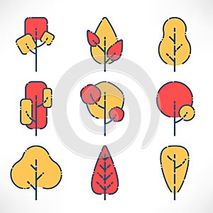Autumn trees with outline set in flat style isolated on white background. Red yellow tree logo. Simple plants icons. Vector