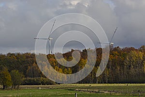 Autumn trees Overview of the wind turbine