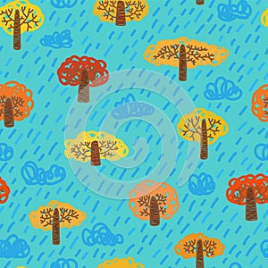 Autumn trees and rainy clouds seamless pattern vector illustration. Kids Drawing style