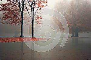 Autumn trees with red leaves, park in mystical fog. Generative AI