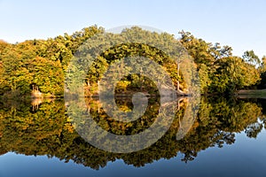 Autumn trees are reflected in the lake