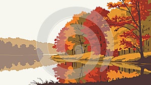 Autumn trees reflecting in a lake, a picturesque fall reflection. vector design Generative AI