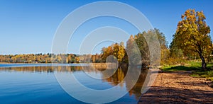 Autumn trees and sandy lake shore over blue sky