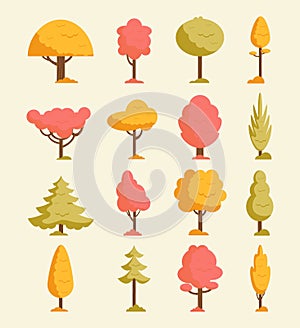 Autumn trees set. Orange fall trees and leaves.Colorful collection of autumn elements. Vector illustration