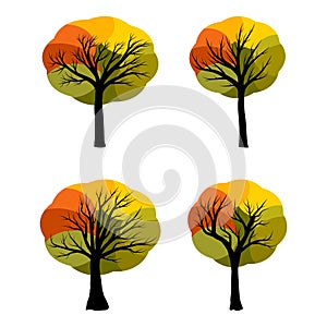 Autumn trees vector set. Abstract autumnal tree collection. Cartoon illustration isolated on white background. Set of modern clip-