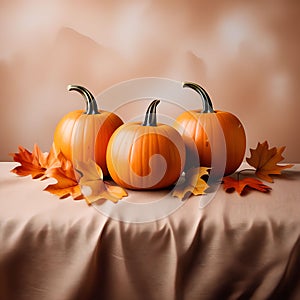 Autumn Trio: Three Pumpkins on a Warm Brown-Colored Background â€“ Autumn-Themed Wallpaper