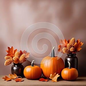 Autumn Trio: Three Pumpkins on a Warm Brown-Colored Background â€“ Autumn-Themed Wallpaper