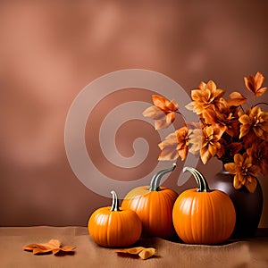 Autumn Trio: Three Pumpkins on a Warm Brown-Colored Background â€“ Autumn-Themed Wallpaper