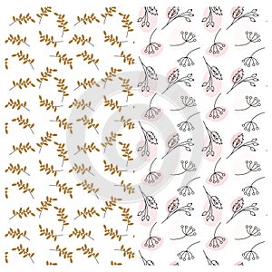 Autumn twigs and spots seamless patterns. Set of 2 Abstract backdrop texture in trendy soft shades