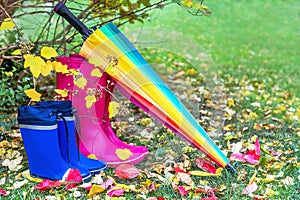 Autumn. Two pairs of rubber boots and colorful umbrella with autumnal leaves.