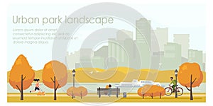 Autumn urban park landscape flat vector illustration. Horizontal banner template with place for your text.