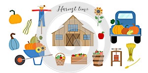 Autumn vector clipart with barn, truck, scarecrow, wheelbarrow, pumpkins, apples, press isolated on white background