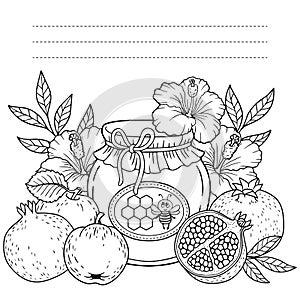 Autumn vector coloring page for adults. Black and white background silhouette. Harvest of ripe apples, pomegranates and honey pot.