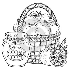 Autumn vector coloring page for adults. Black and white background silhouette. Harvest of ripe applesapples, pomegranates and hone