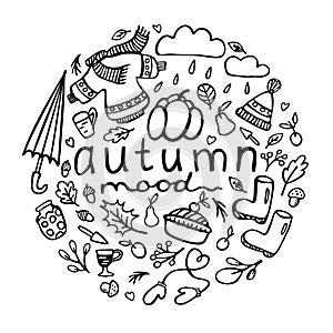 Autumn. Vector doodle monochrome illustration with lettering in a circle. Autumn mood. Isolated on white background