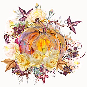 Autumn vector illustration pumpkin with flowers