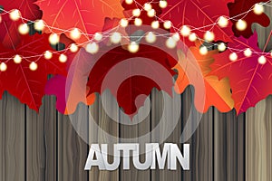 Autumn vector illustration with wooden plant wall and red and orange leaves with glowing lights garland.