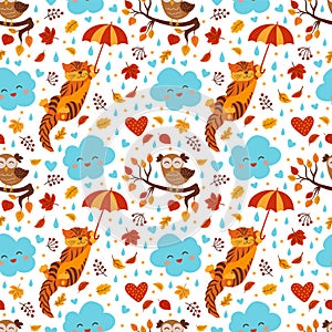 Autumn vector seamless pattern with cutecat, owl, mushrooms and falling leaves photo