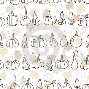 Autumn vector seamless pattern, hand drawn sketch isolated on white background. Pumpkins and maple leaves. Different