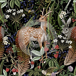 Autumn Vector Woodland Scene with Deer, Rabbit and Plants