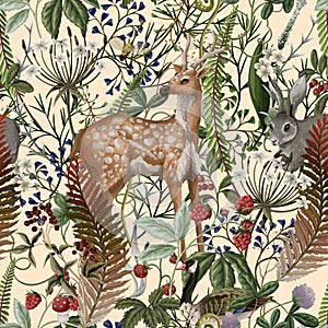 Autumn Vector Woodland Scene with Deer, Rabbit and Plants