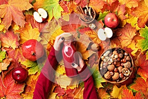 Autumn vegan and vegetarian food concept - apples, pomegranate, nuts, spices. Picnic time. Female hands holding bottle of red