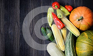 Autumn vegetable background with dark wooden table. Harvest Thanksgiving day. Greeting card, poster, banner concept with